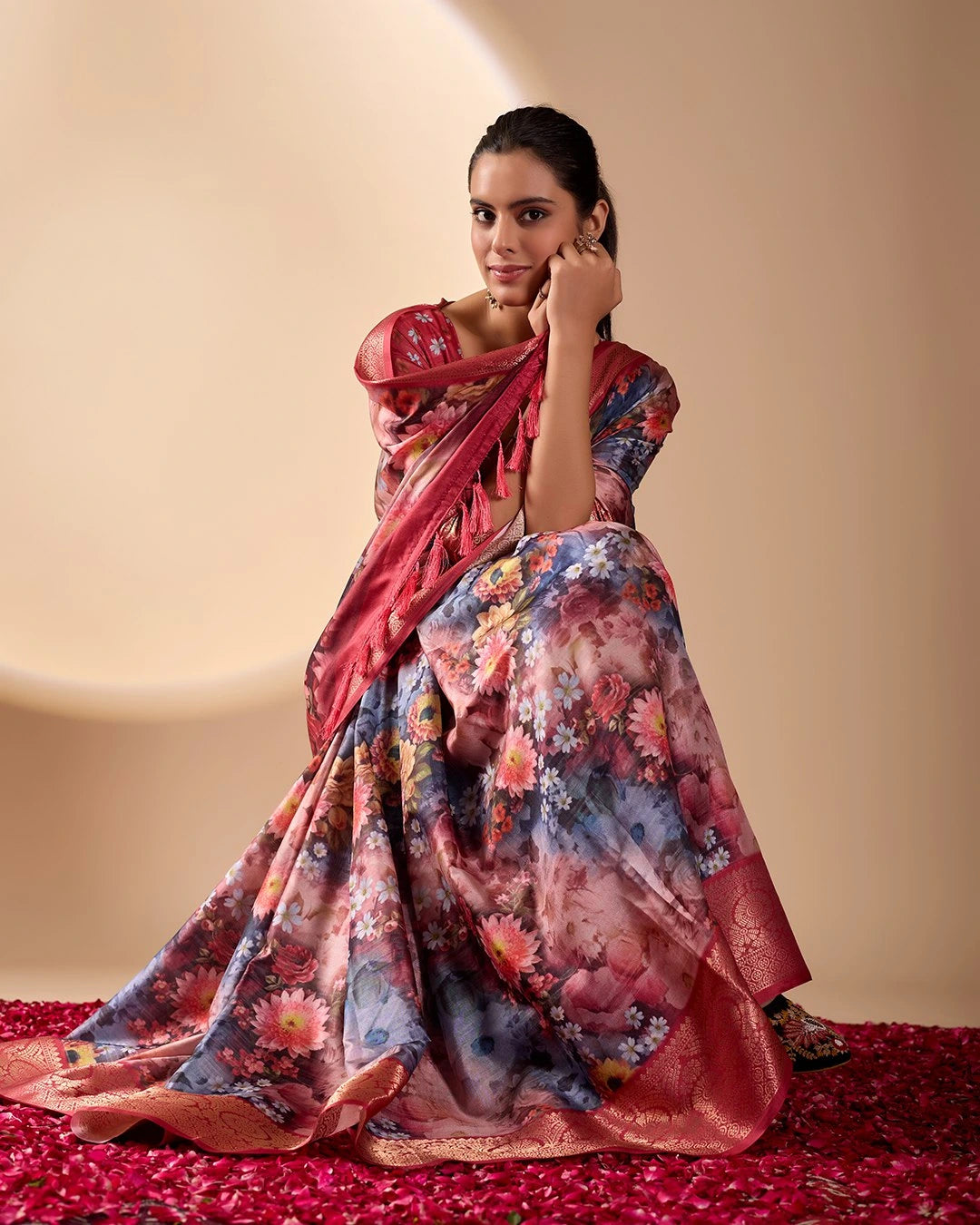Soft Peach Digital Print & Zari Woven Border Soft Lichi Silk. – Kalyanja